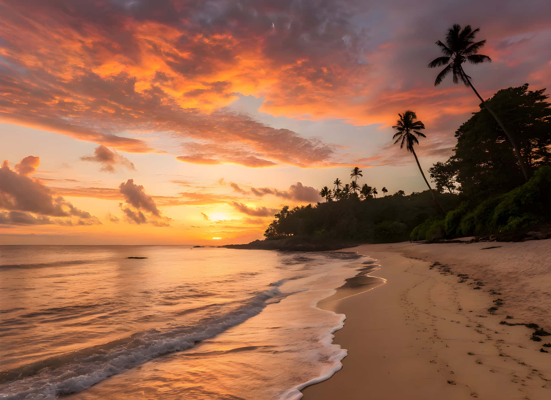 The sunset time in sea beach 壁紙 — 夕陽燦爛，將天空染成火熱的橙色和粉紅色，海浪輕輕拍打著沙灘，沙灘上排列著棕櫚樹的剪影。