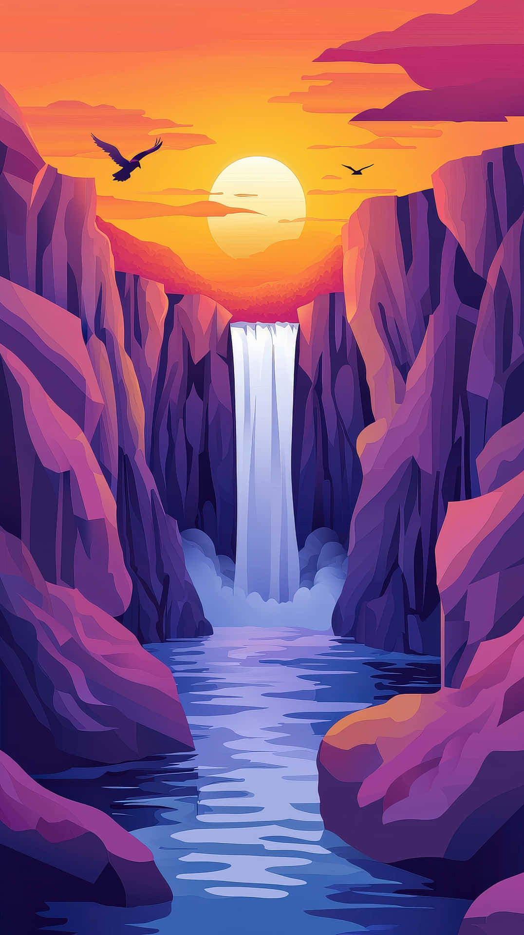 Vibrant digital illustration of a waterfall in a canyon at sunset 壁紙 — 夕陽燦爛，照亮了從紫色懸崖傾瀉而下的高聳瀑布，鳥兒在頭頂翱翔。