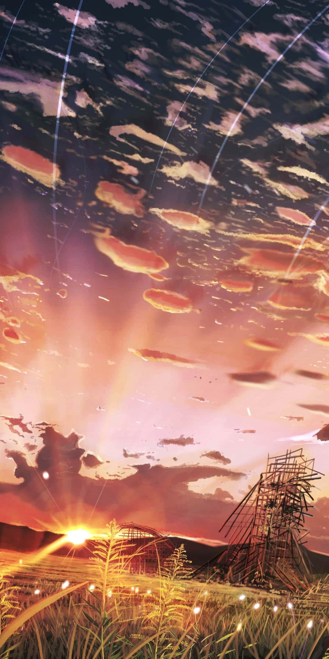 Anime Sunset 桌布 壁紙 — 夕陽燦爛，金色的光芒灑滿高草田野和一座破舊的風車，戲劇性的天空中劃過宇宙射線。