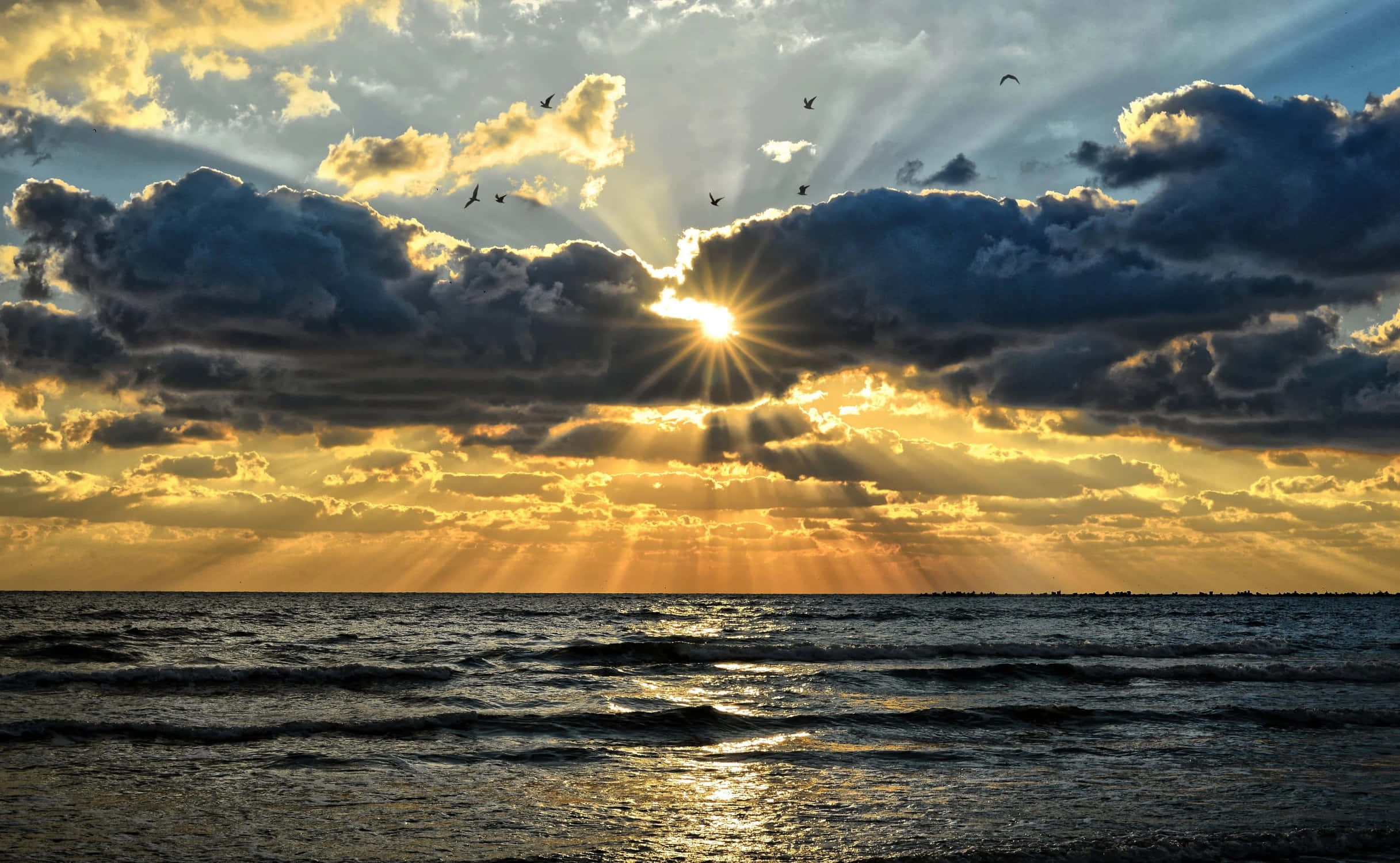 Black Sea 桌布 壁紙 — 夕陽穿透戲劇性的雲層，照射在波光粼粼的海面上，鳥兒在金色光芒中翱翔。