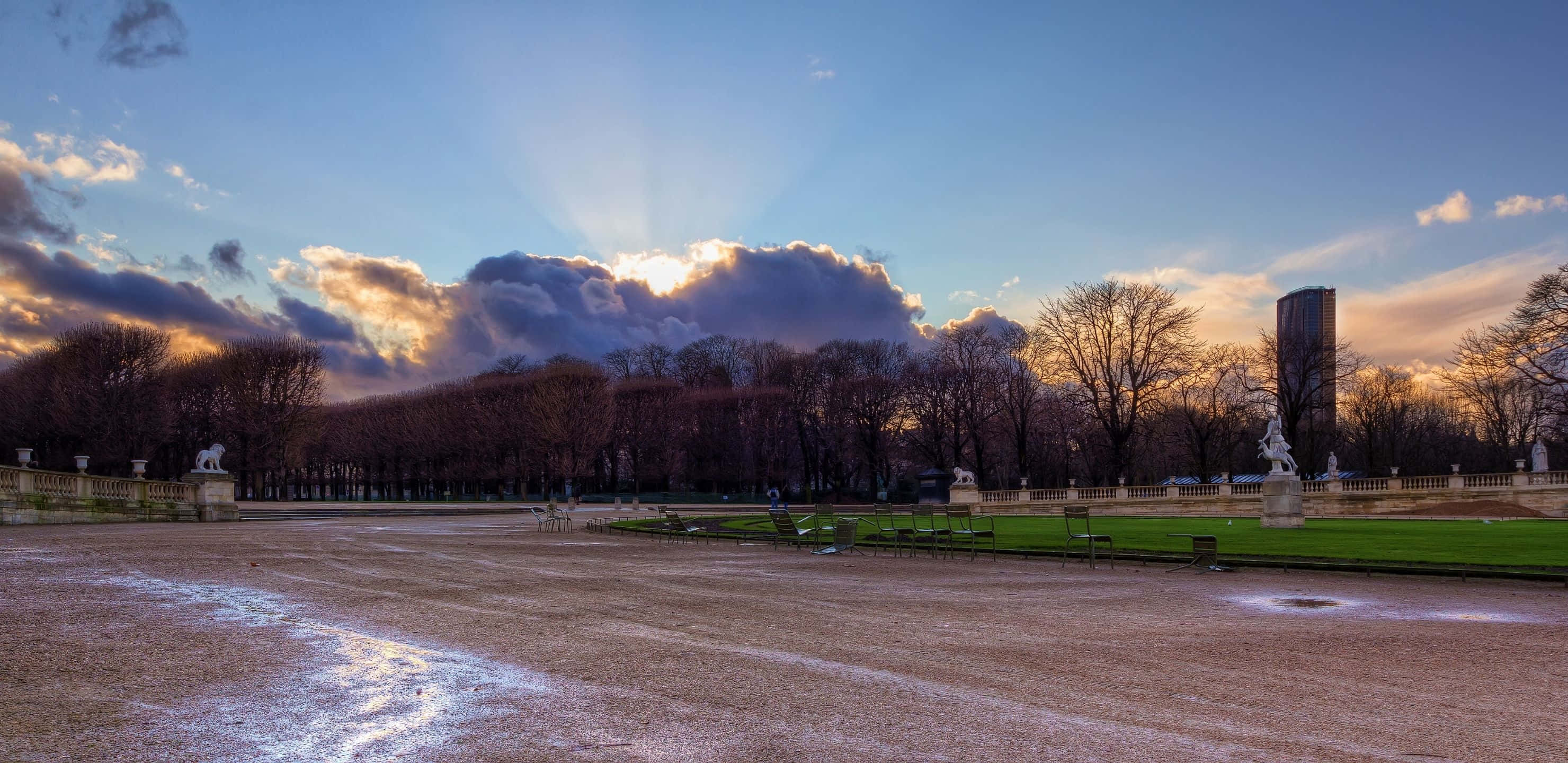 2960x1440 桌布 壁紙 — 夕陽穿透戲劇性的雲層，照耀著一個有裸樹和雕像排列在碎石路上的大公園。