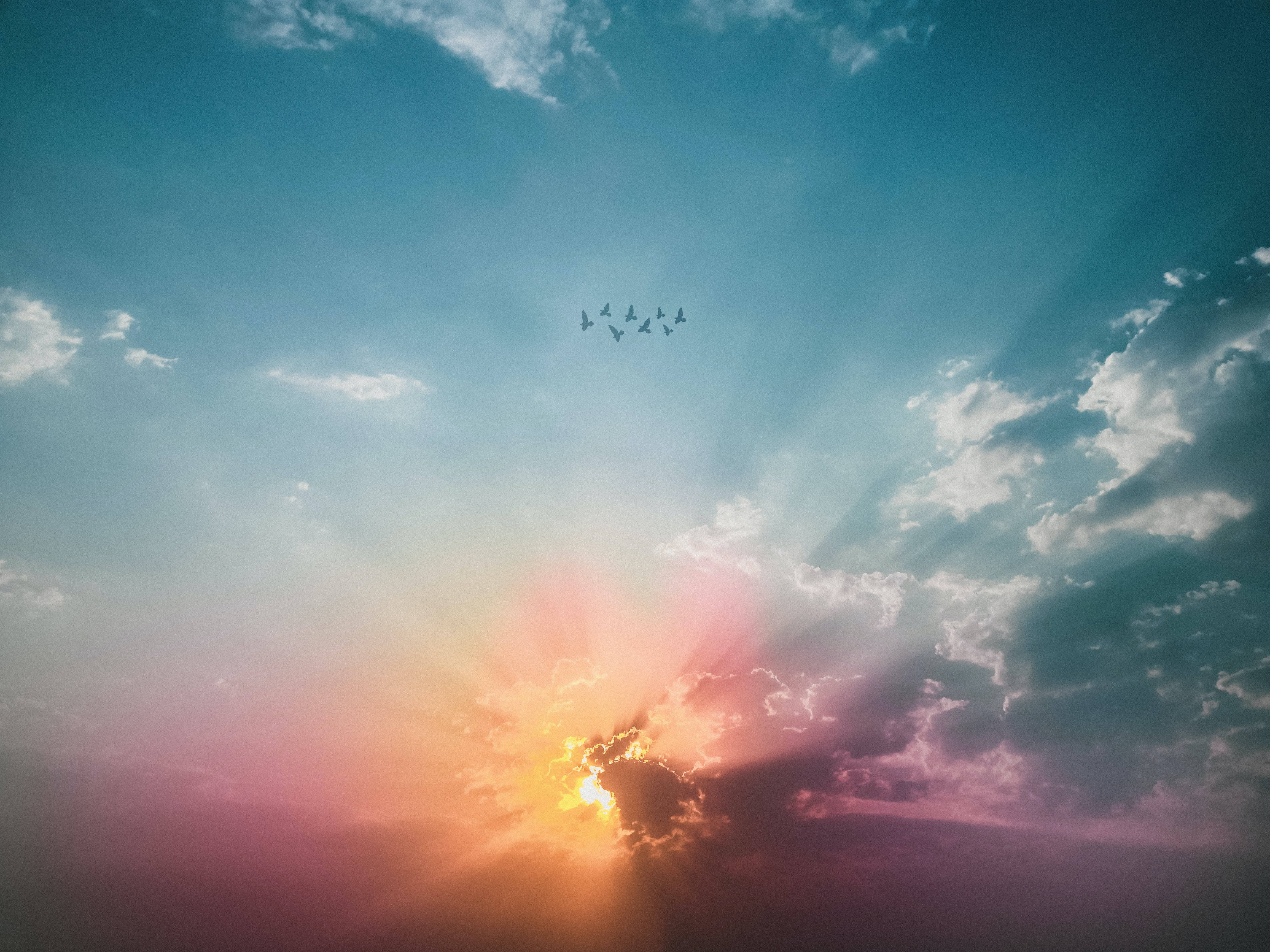 Aesthetic Sky 桌布 壁紙 — 夕陽穿透雲層，鳥兒以V字形隊列飛過充滿活力的天空。