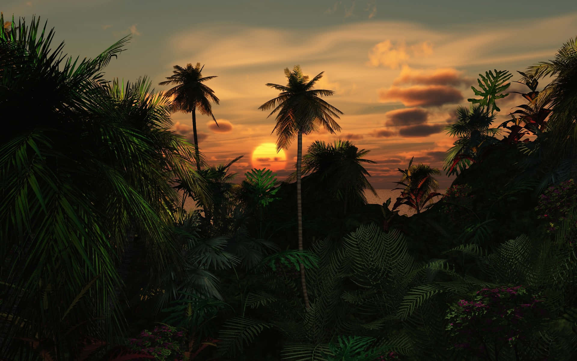 Tropical 桌布 壁紙 — 夕陽穿過棕櫚樹的剪影，在茂密的熱帶叢林中閃耀，伴隨著鮮豔的橙色雲彩。
