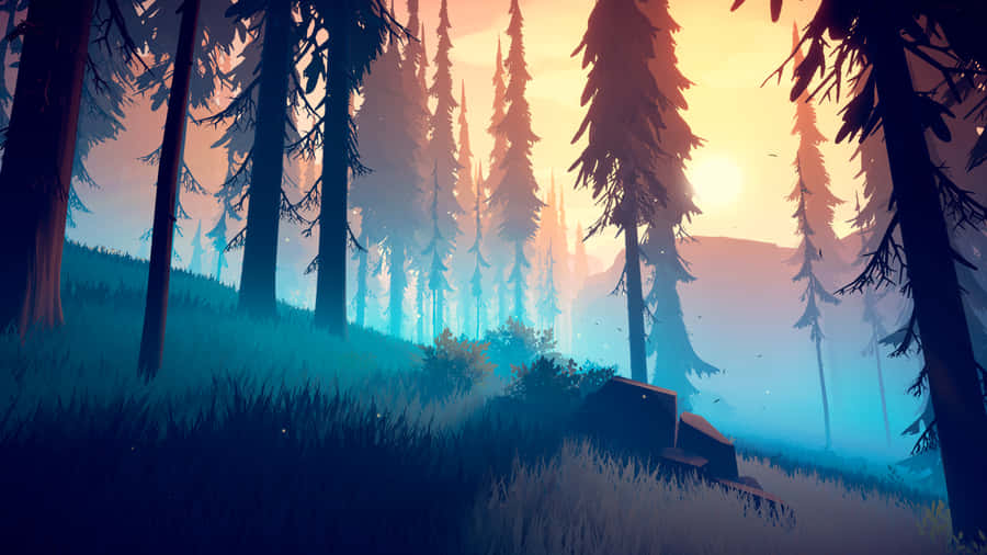 Among Trees 桌布 壁紙 — 夕陽穿過高聳的松樹，在霧氣瀰漫的森林地面上投下長長的影子，草地上閃爍著光芒。