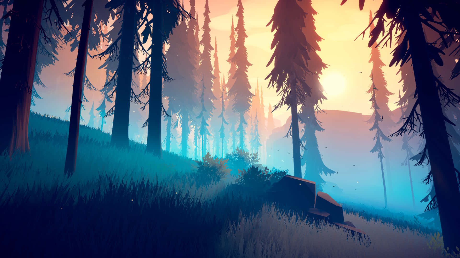 Among Trees 桌布 壁紙 — 夕陽穿過高聳的松樹閃耀，在霧氣瀰漫的森林地面上投下長長的影子，草地上閃爍著光芒，散落著岩石。