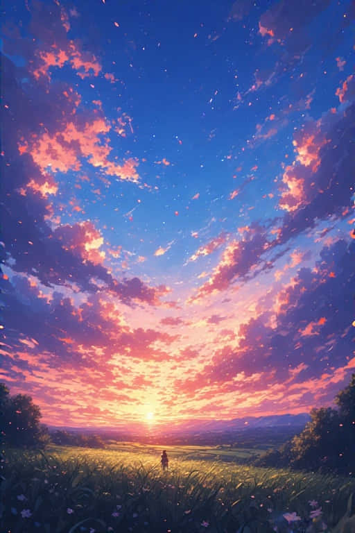 Anime Sunset Rural Scenery Dreamy Vibrant 4K 壁紙 — 夕陽西下，一個孤獨的身影站在陽光照耀的田野上，天空被粉紅、橙色和藍色的雲彩染得生機勃勃。