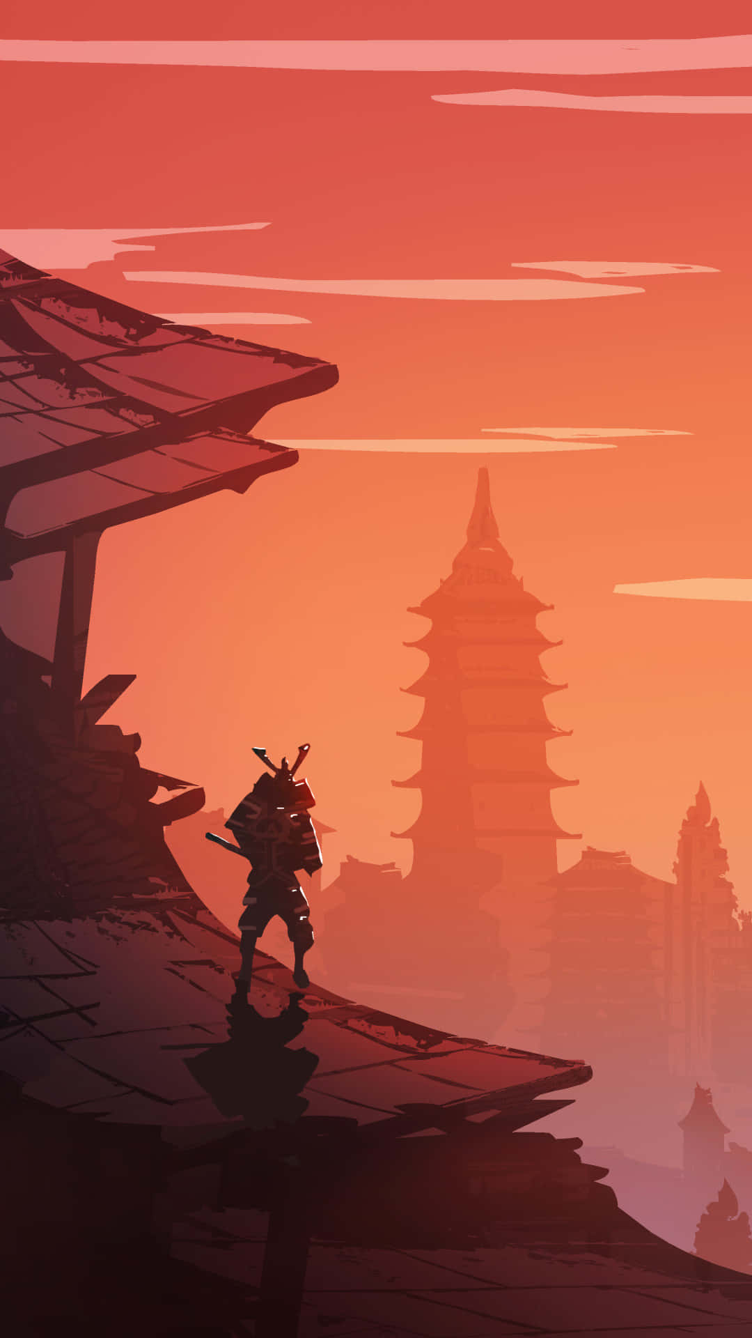 samurai jack 桌布 壁紙 — 夕陽西下，一名孤獨的武士站在寺廟屋頂上，剪影眺望著遠方沐浴在溫暖橙色光芒中的寶塔。