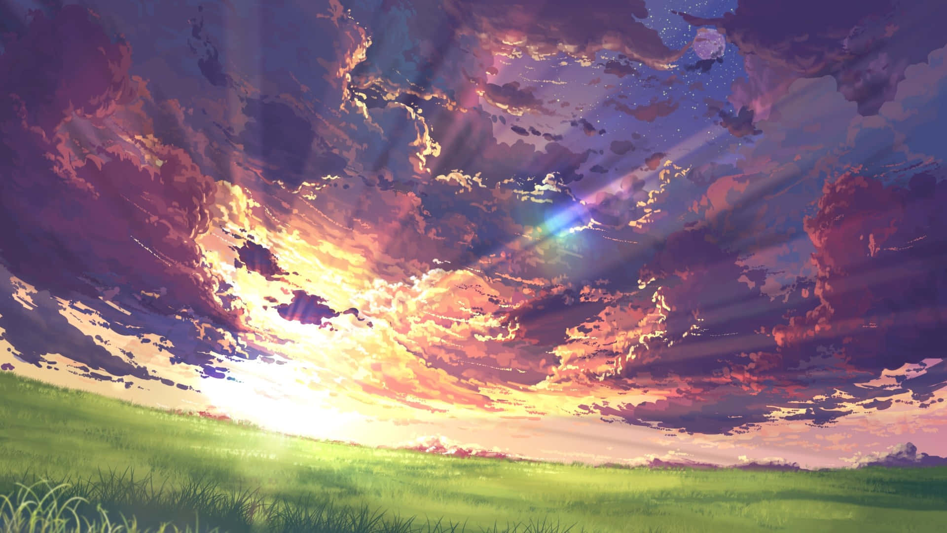 動畫風景動圖 桌布 壁紙 — 夕陽西下，天空染上熾熱的橙色和深紫色，映照在翠綠的田野上。