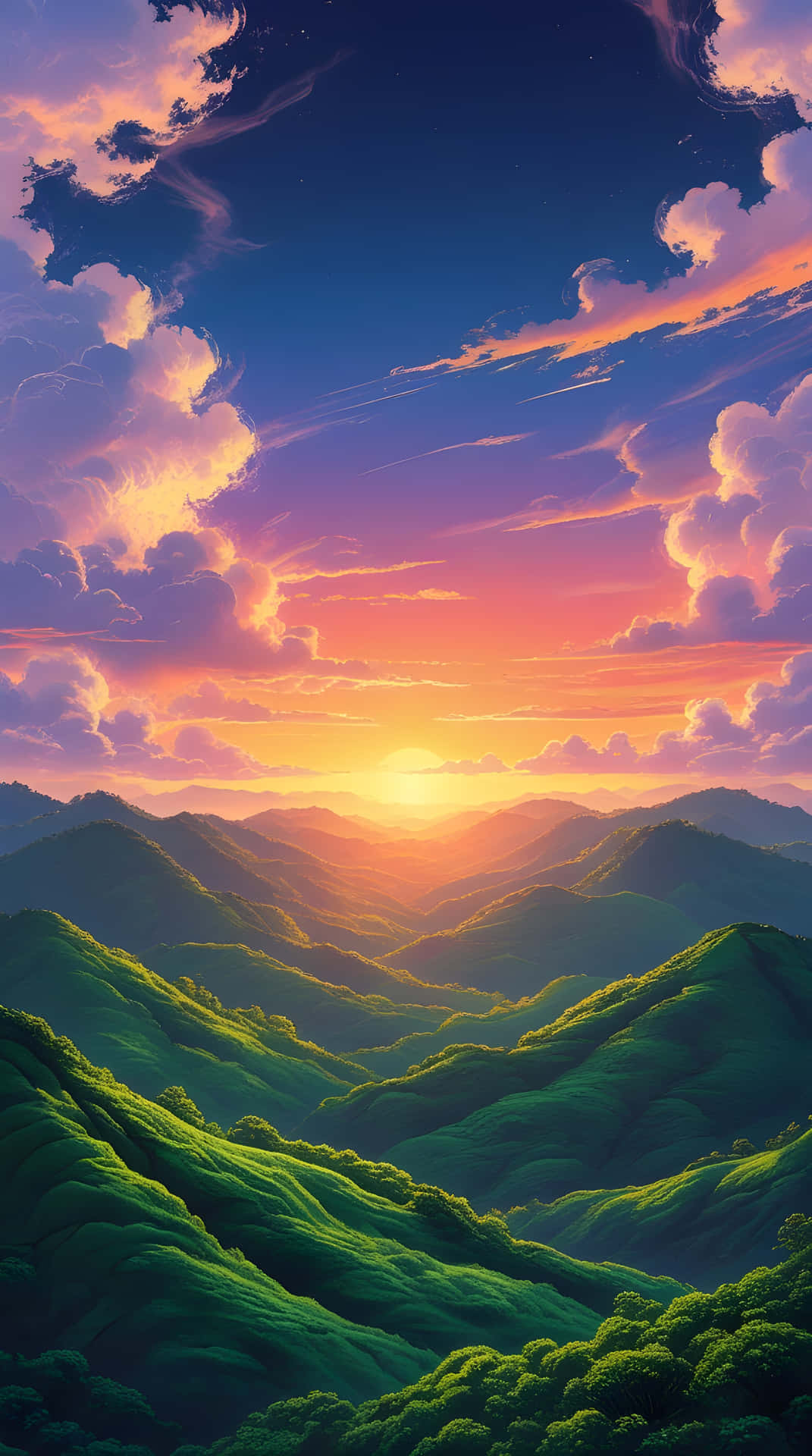 Green nature hill view wallpaper 壁紙 — 夕陽西下，色彩斑斕，將連綿起伏的青山染上橙色、粉紅色和紫色的雲彩。
