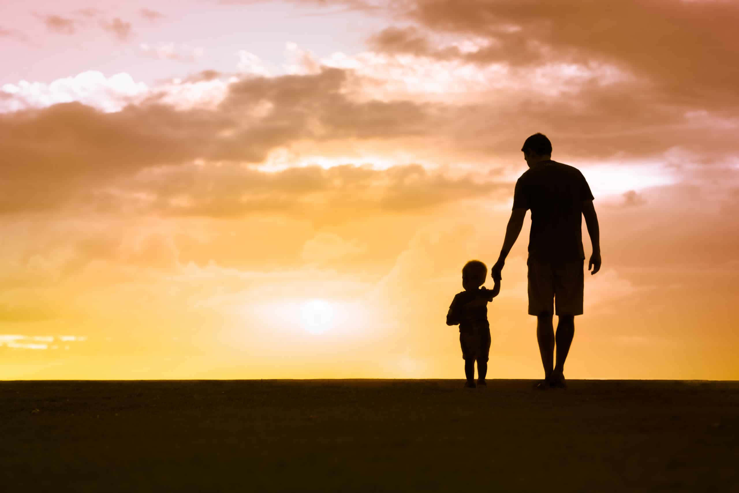 Father And Son 桌布 壁紙 — 夕陽金色光芒下，父親與孩子手牽手走過田野的剪影。