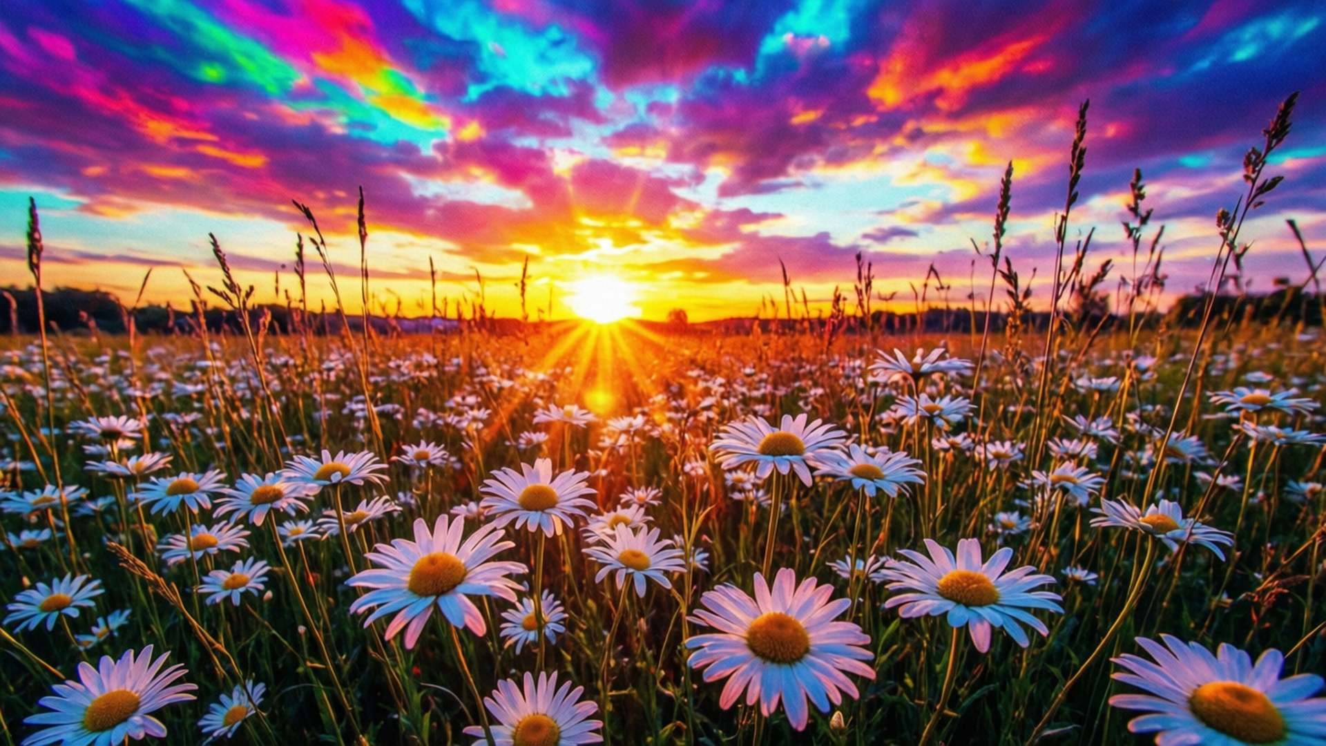 夕陽雛菊田 壁紙