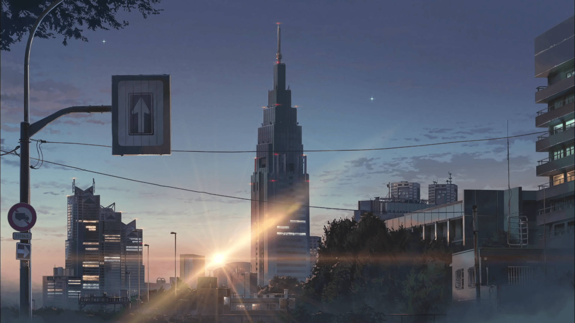 東京 桌布 壁紙 — 夕陽餘暉照亮了未來主義的城市景觀，高聳的摩天大樓和發光的街道標誌映襯著暮色天空。