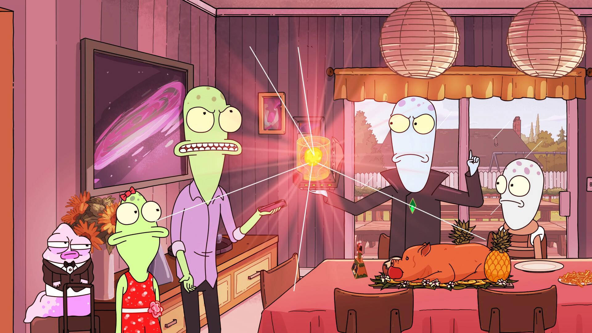 Animated 桌布 壁紙 — 外星人家庭聚集在餐桌旁，桌上有一隻烤豬和鳳梨，一個發光的球體在粉紅色的房間裡發出雷射光束。