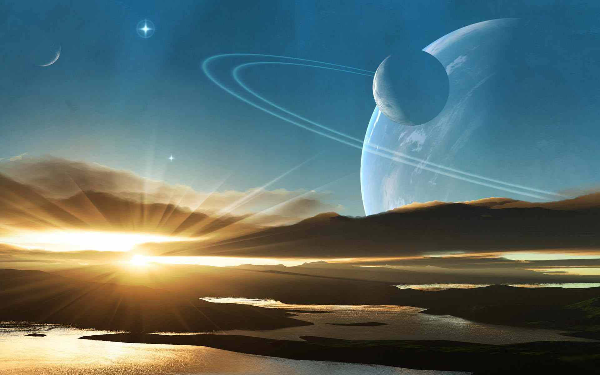 土星 桌布 壁紙 — 外星山丘上的超現實日出，一顆巨大的環狀行星在發光的水面上方天空若隱若現。