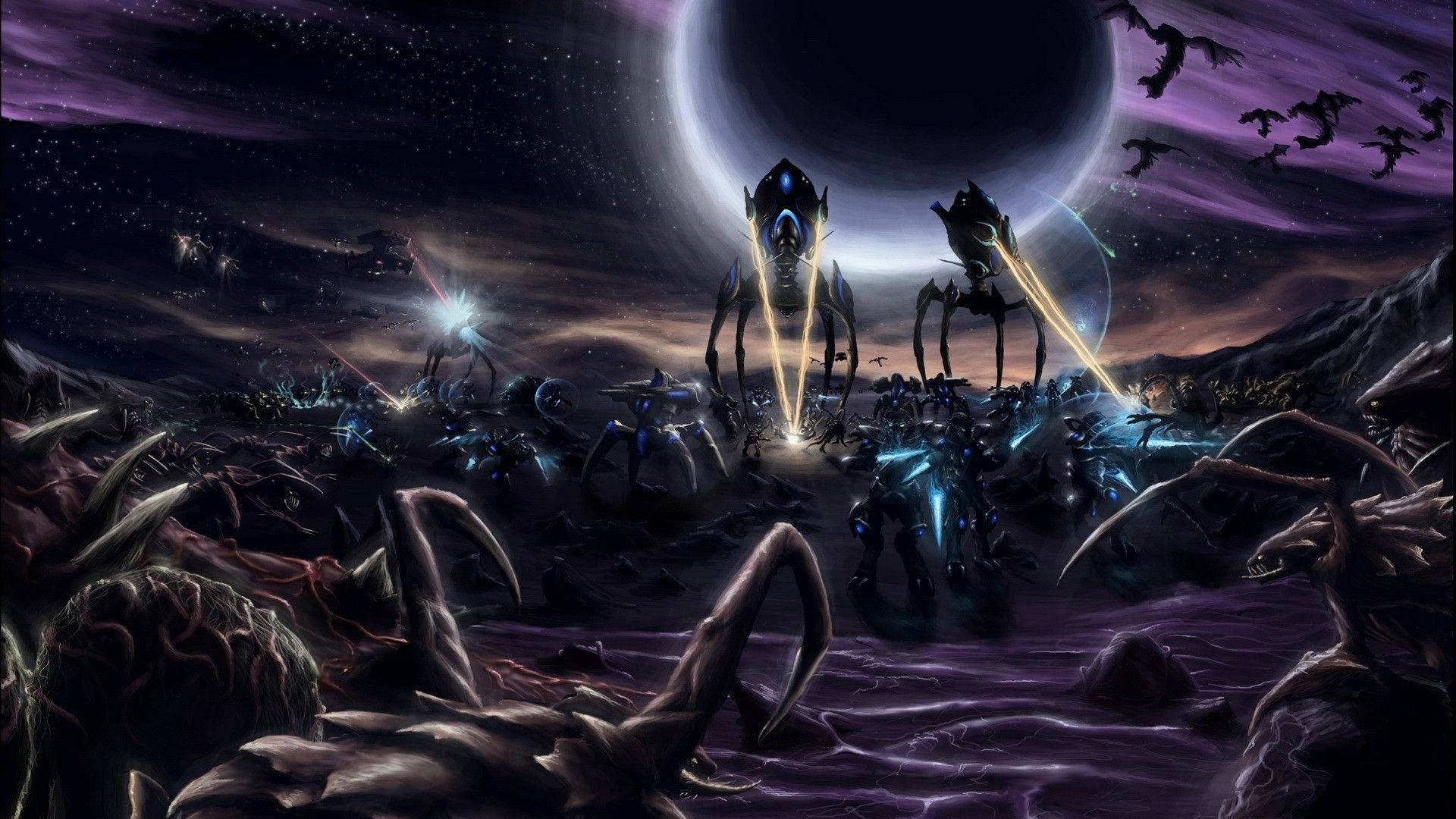 Starcraft 桌布 壁紙 — 外星戰爭機器發出藍色光芒，站在紫色外星景觀中，新月之下。