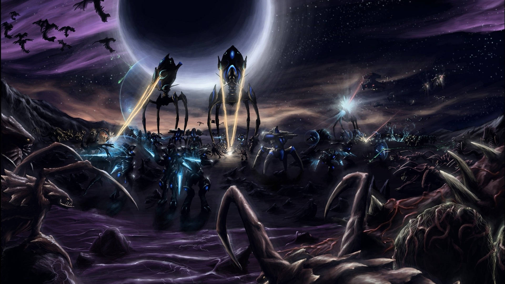 Starcraft 2 桌布 壁紙 — 外星戰爭機器配備發光藍色武器，站在紫色外星戰場上，背景有新月和飛行生物。