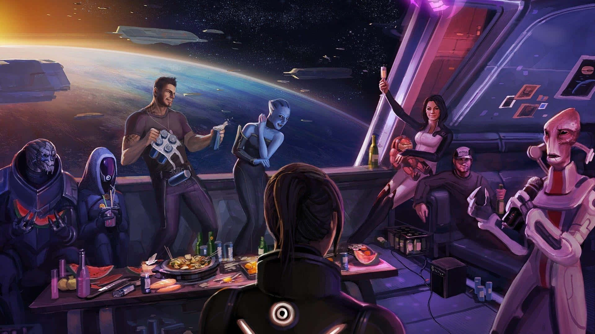 Mass Effect Characters 桌布 壁紙 — 外星船員在太空船上慶祝，享用飲料和小吃，俯瞰日落時分色彩繽紛的行星。