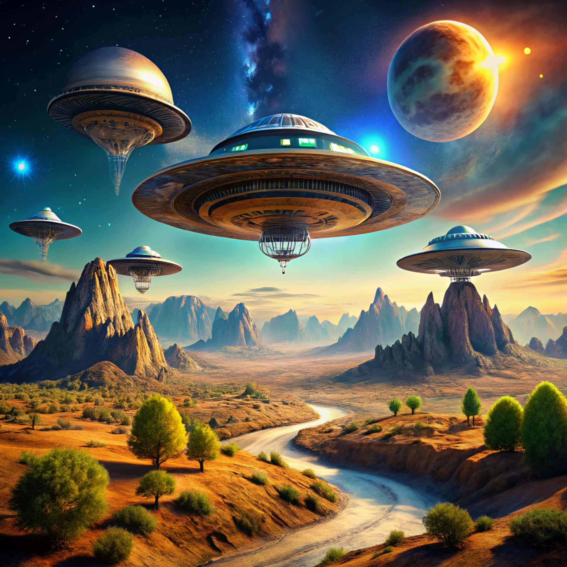 Alien spaceships 壁紙 — 外星飛碟在星空和發光行星下，盤旋在沙漠峽谷上方，峽谷中有蜿蜒的河流。