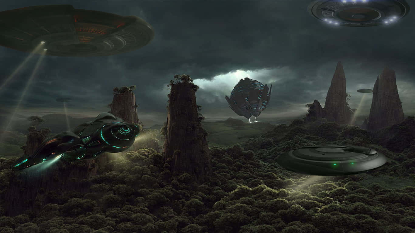 Space Technology 桌布 壁紙 — 外星飛船在暴風雨夜空下，於崎嶇岩石 formations 之間盤旋並著陸。