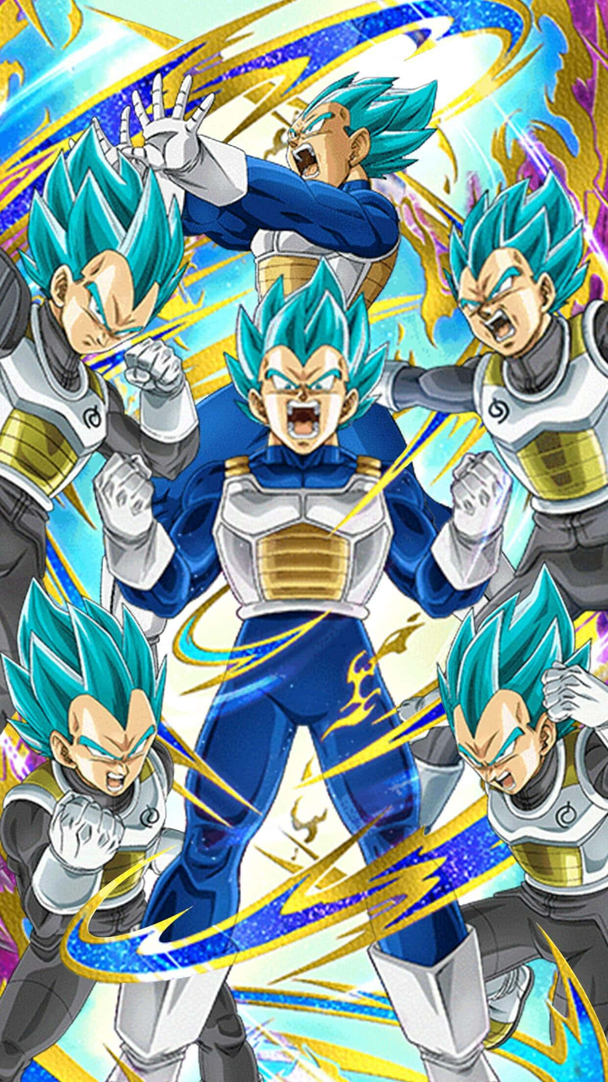 Cool Vegeta 桌布 壁紙 — 多位藍髮賽亞人戰士擺出戰鬥姿勢，被動態能量條紋和宇宙漩渦包圍。
