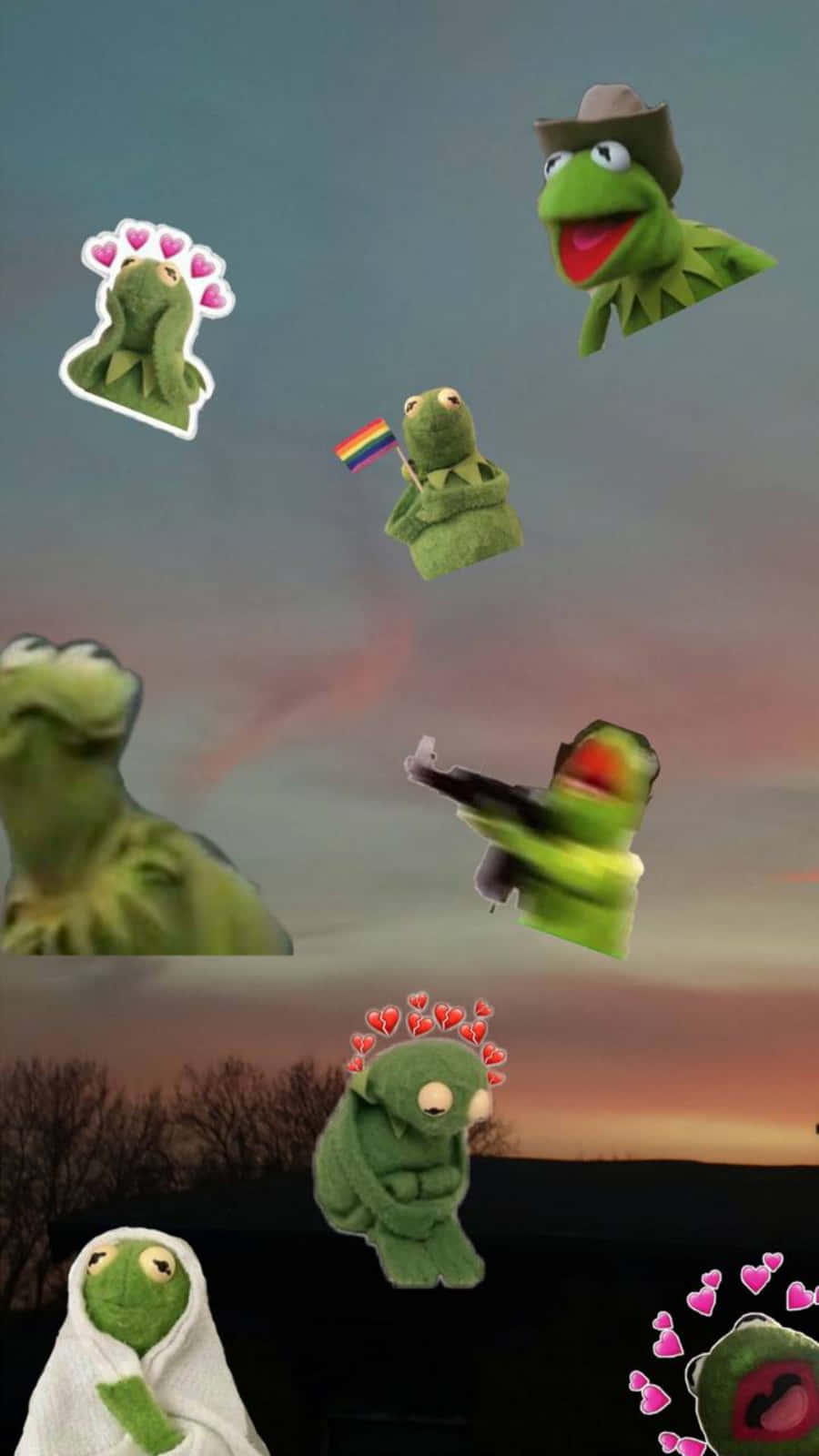 愛心 桌布 壁紙 — 多個 Kermit the Frog 迷因在帶有粉紅色和橙色色調的暮色天空及下方光禿樹木的襯托下漂浮。