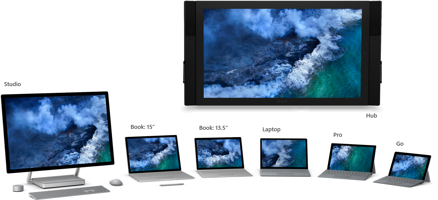 microsoft 桌布 壁紙 — 多個 Microsoft Surface 裝置在黑色背景上顯示動態海浪桌布。