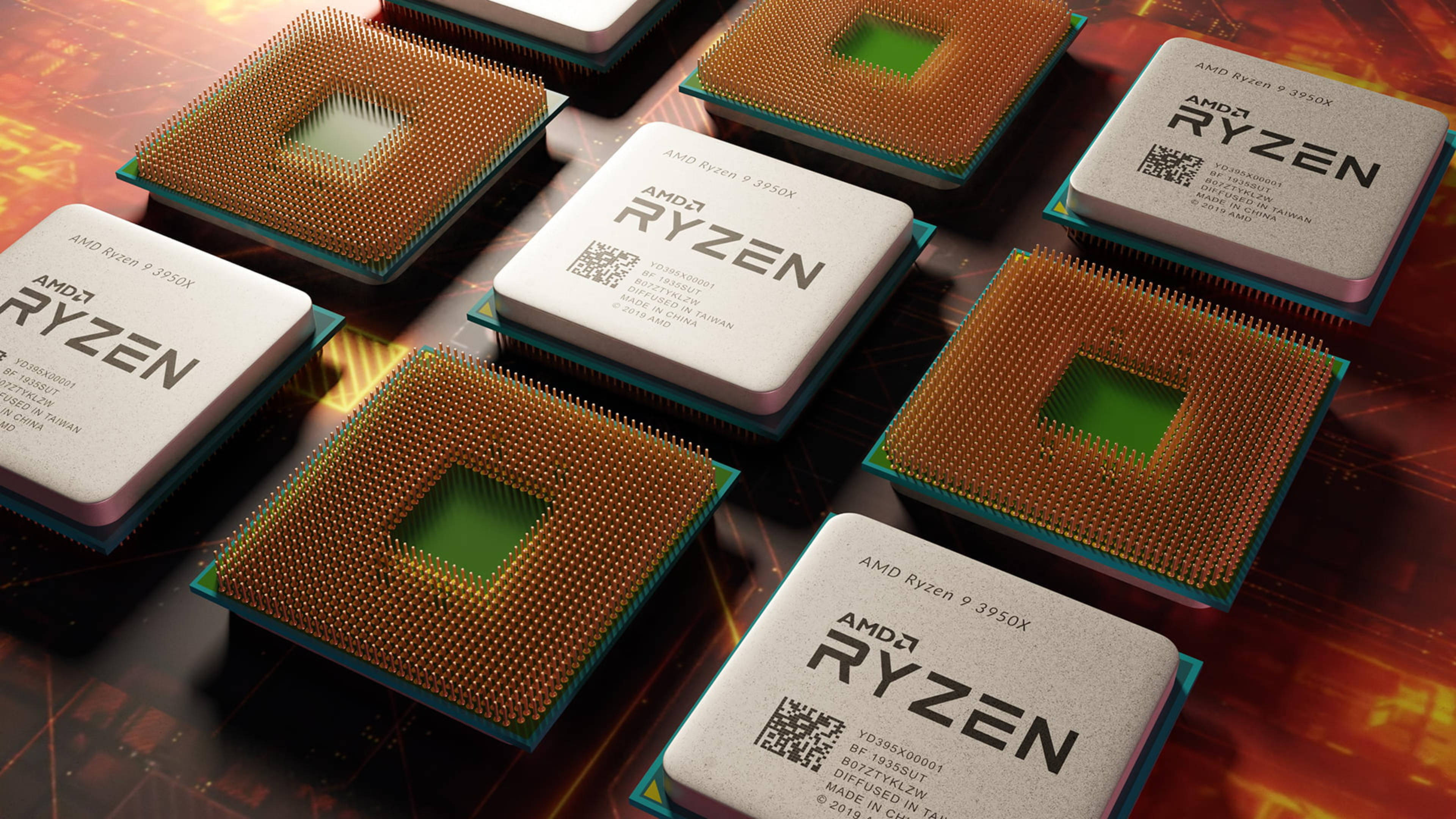 4K 桌布 壁紙 — 多個AMD Ryzen 9 3950X CPU處理器排列在發光電路板背景上的特寫。