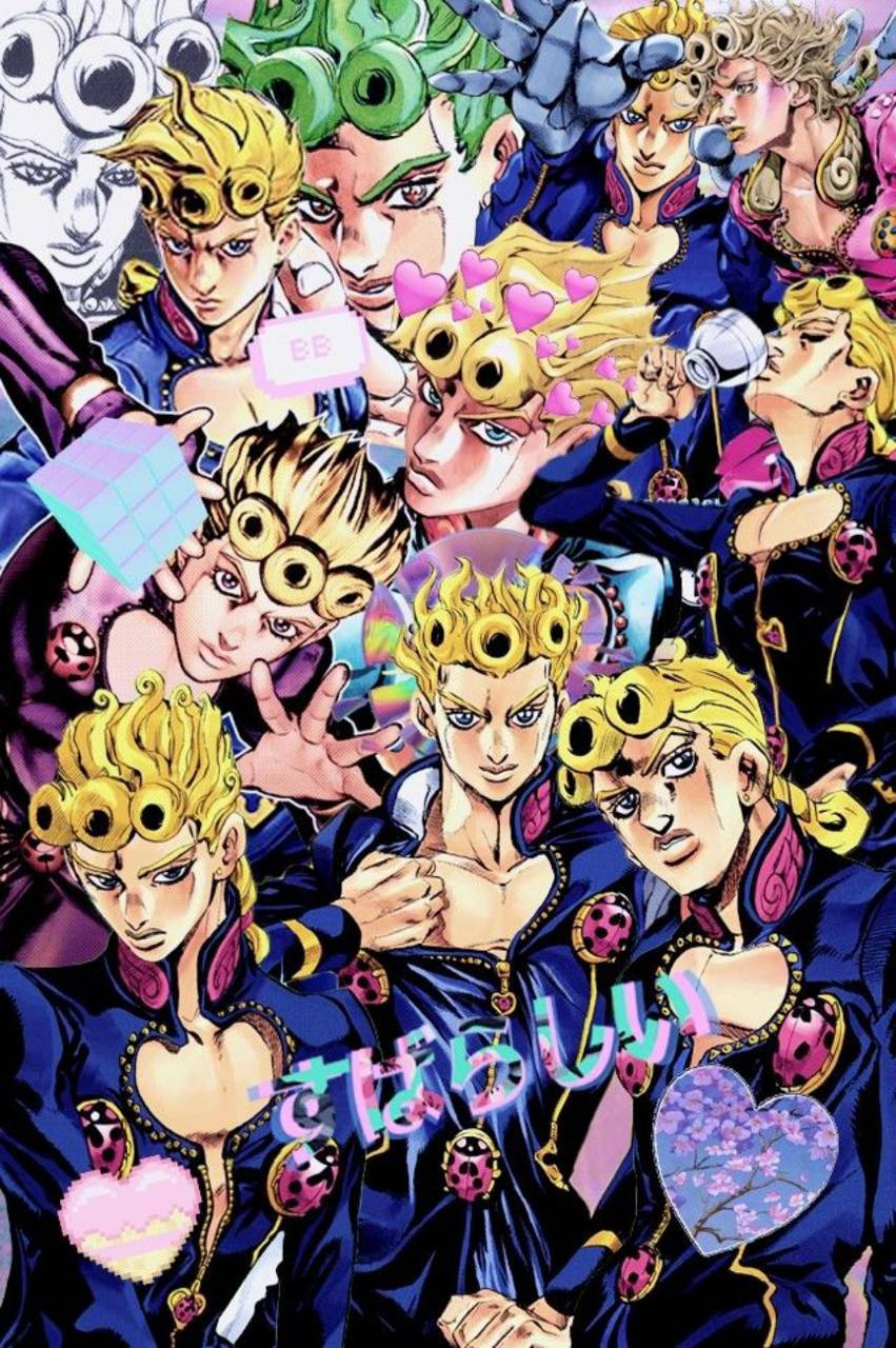 Giorno 桌布 壁紙 — 多個JoJo角色以動態姿勢、心形和瓢蟲組成的鮮豔動漫拼貼畫。