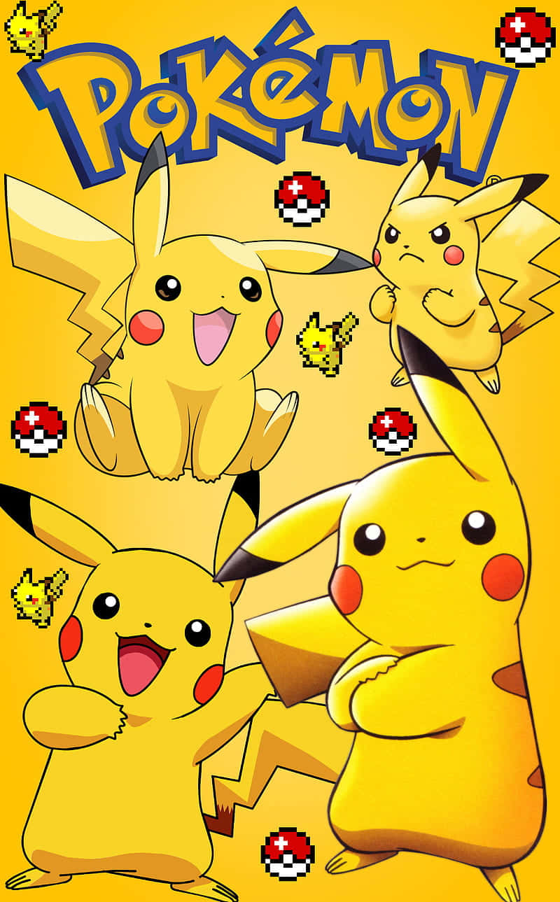 Pokemon Posters 桌布 壁紙 — 多個不同姿勢的開心皮卡丘角色在明亮的黃色背景上漂浮，並有精靈球圖標和寶可夢標誌。