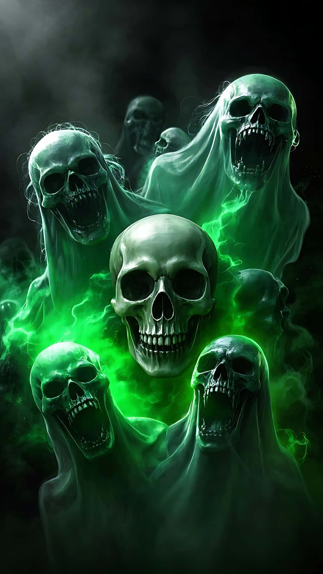 Ghost-Infested Skull with Screaming Shadows. ghost wallpaper 壁紙 — 多個尖叫的鬼魂頭骨，帶有發光的綠色能量，在黑暗煙霧背景中圍繞一個中央頭骨旋轉。