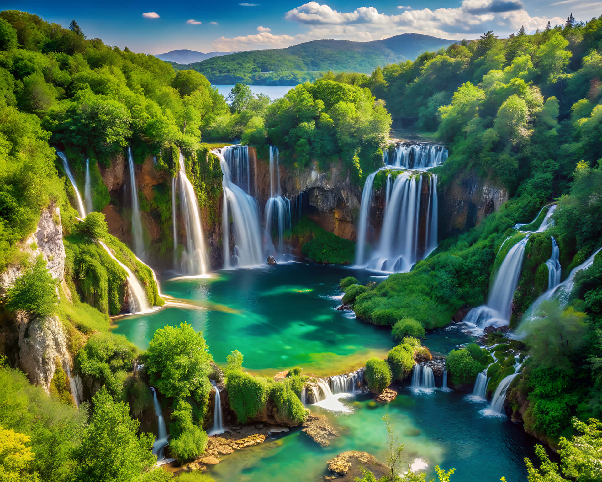 Exotic waterfalls 壁紙 — 多個層疊瀑布傾瀉入一個充滿活力的藍綠色水池，周圍是茂密的綠色森林和遠處的山脈，在明亮的藍天下。