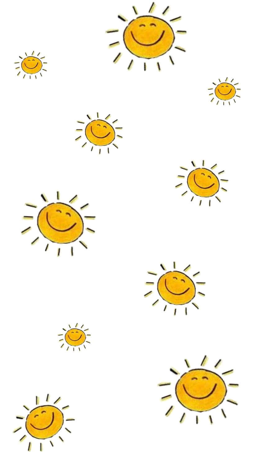 Cute Sun 桌布 壁紙 — 多個帶有笑臉的快樂黃色卡通太陽漂浮在純白色背景上。