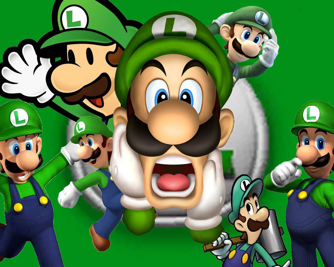 Mario And Luigi 桌布 壁紙 — 多個戴綠色帽子、穿綠色吊帶褲的開心路易吉角色在純綠色背景前充滿活力地擺姿勢。