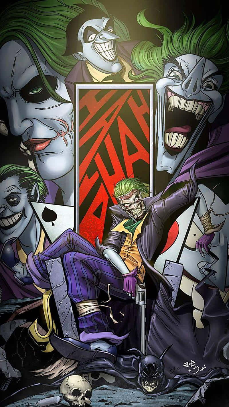 The Joker Comic 桌布 壁紙 — 多個穿著紫色西裝的威脅性小丑變體圍繞著一個手持撲克牌、背景為紅色的中心人物。