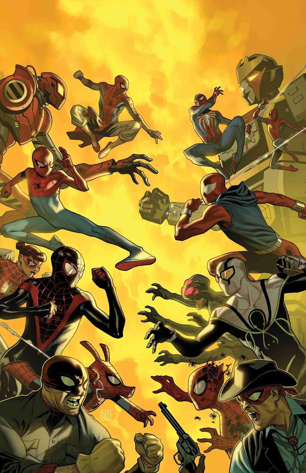 Spider-geddon 桌布 壁紙 — 多個蜘蛛人變體以動態姿勢在熾熱的黃色天空下與反派交戰。