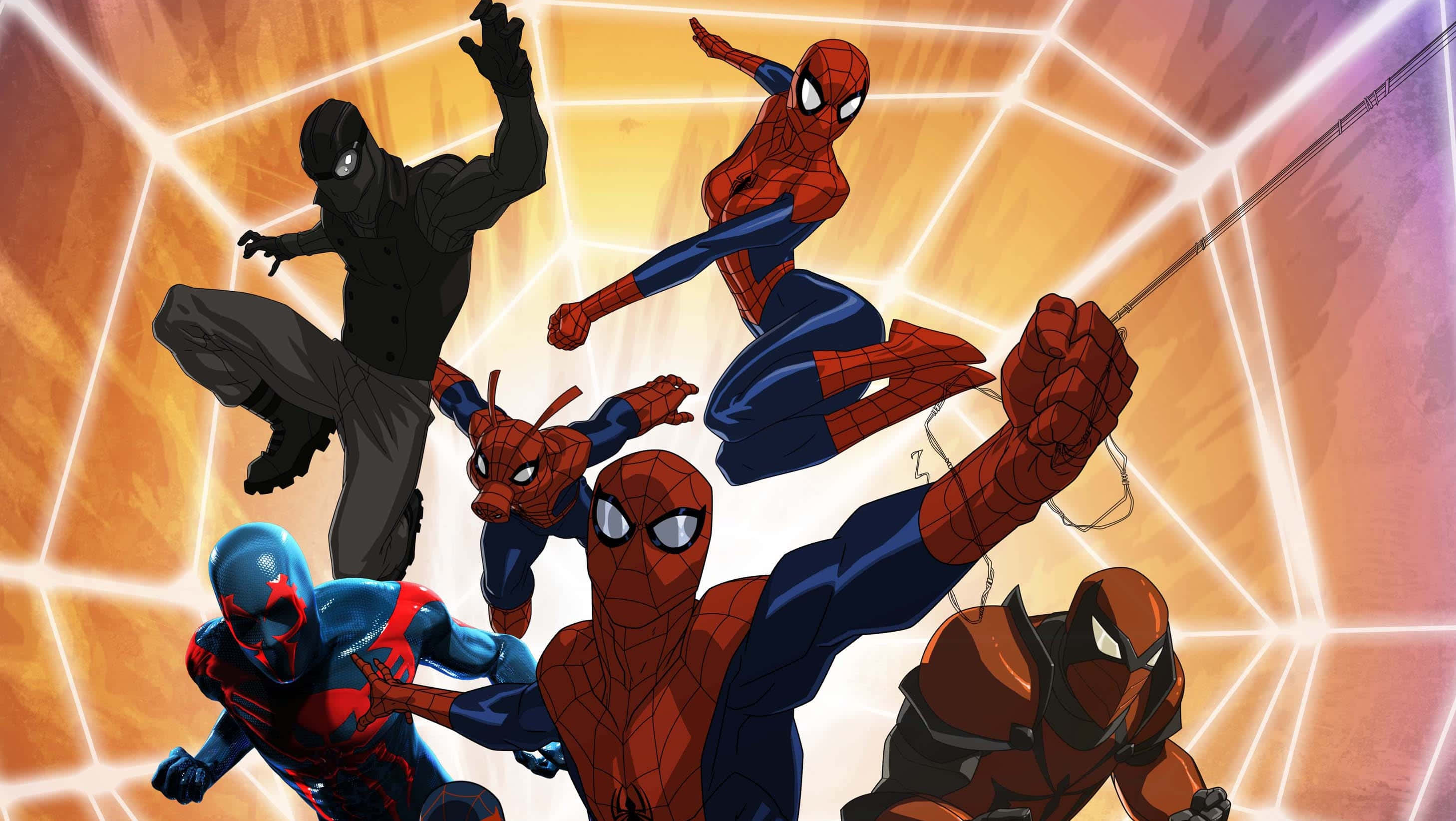 Ultimate Spider-man 桌布 壁紙 — 多個蜘蛛人變體在發光的幾何背景前以充滿活力的漫畫風格動態跳躍。
