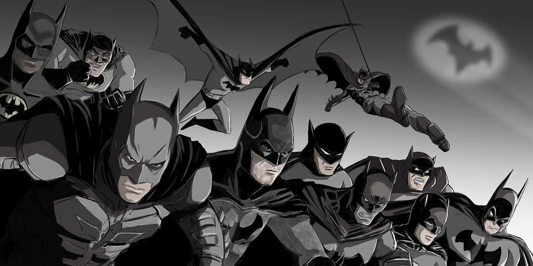 Batman Cartoon 桌布 壁紙 — 多個蝙蝠俠角色以動態姿勢，背景為深灰色天空，有一個發光的蝙蝠標誌月亮。