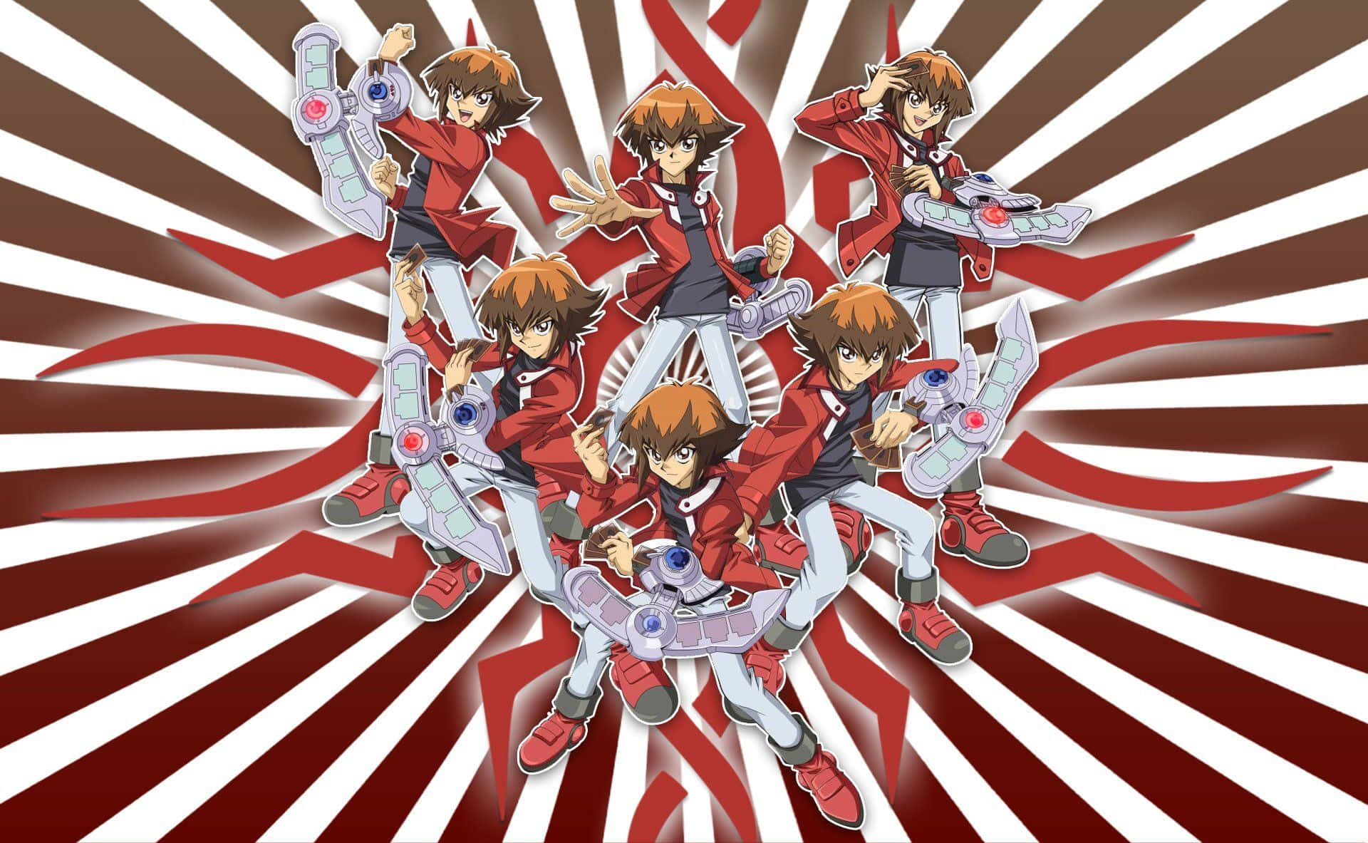 Jaden Yuki 桌布 壁紙 — 多個身穿紅色外套的動漫角色在鮮明的紅白放射狀爆發背景前動態擺姿勢。