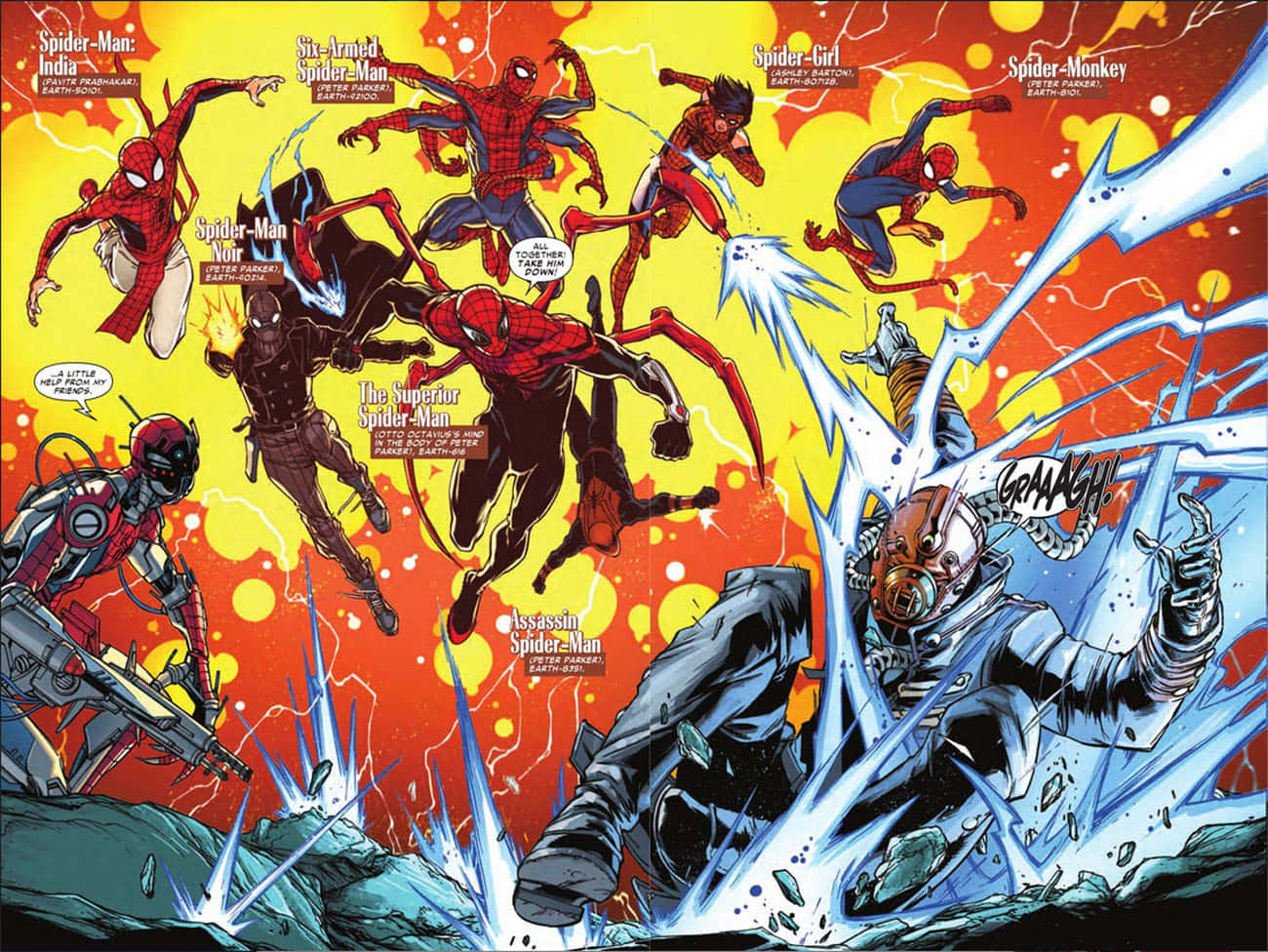 Superior Spider-man 桌布 壁紙 — 多個身穿紅色戰衣的蜘蛛人變體在爆炸性的藍色能量衝擊中與一個蒙面反派戰鬥，背景是火黃色。