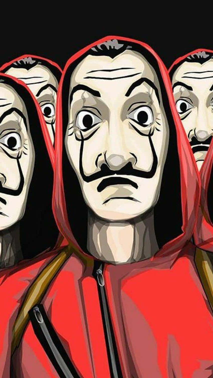 Money Heist Mask 桌布 壁紙 — 多個身穿紅色連帽衫、臉部塗白的人物在黑色背景下凝視著。