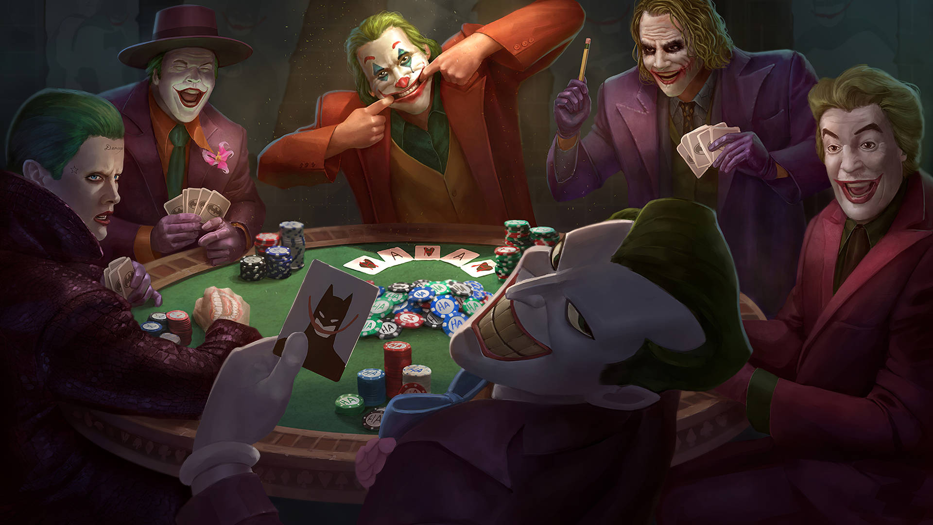 Poker 桌布 壁紙 — 多個身穿紫色西裝的小丑角色在賭場撲克桌旁狂笑，桌上放有籌碼和紙牌。