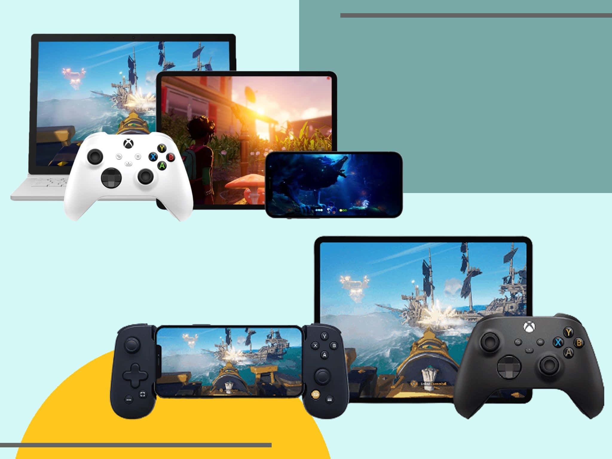 Xbox 桌布 壁紙 — 多個遊戲裝置在柔和背景上展示充滿活力的奇幻船隻戰鬥。