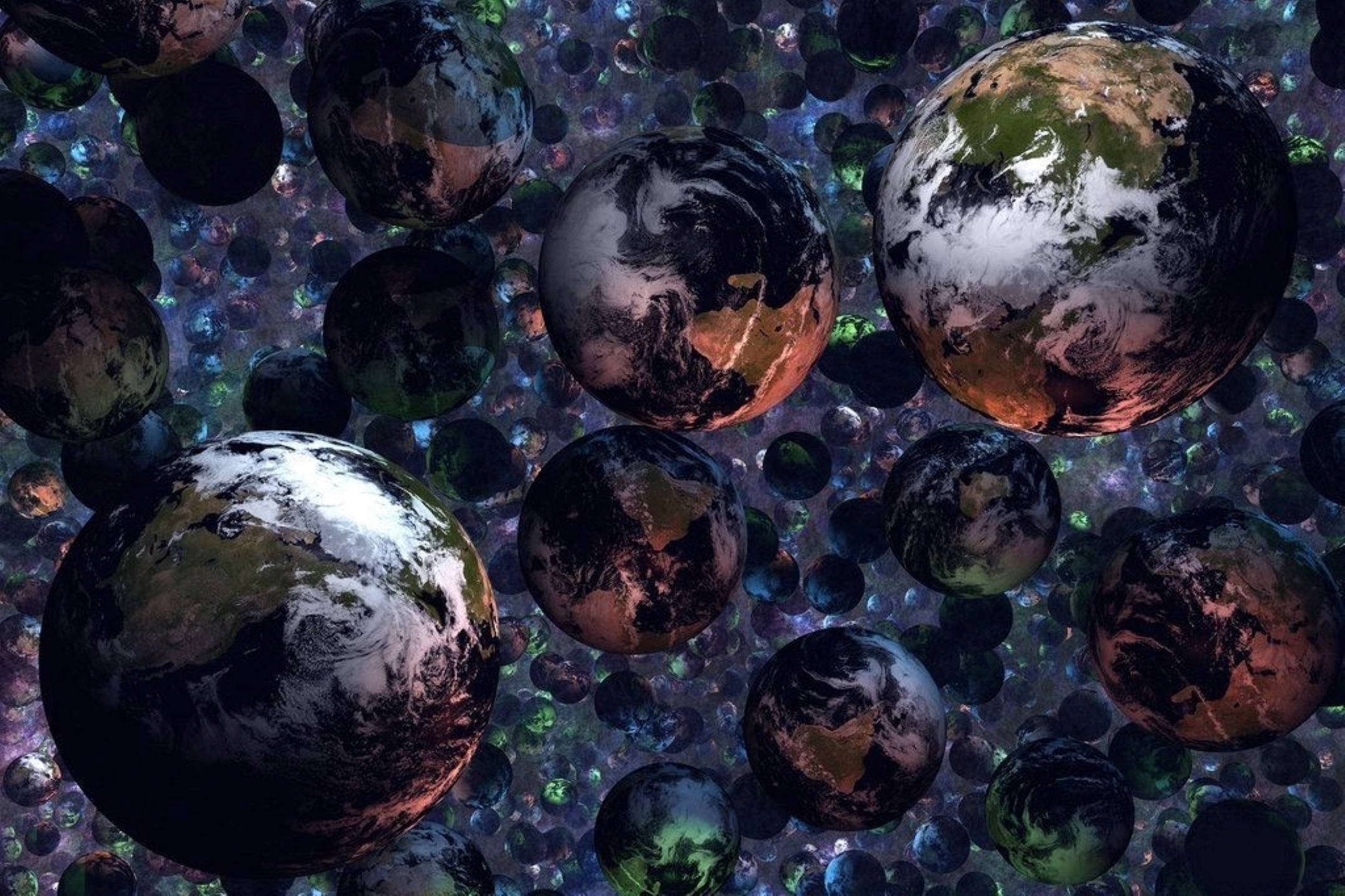 多重宇宙 桌布 壁紙 — 多個類似地球的行星漂浮在閃爍的宇宙場中，周圍是色彩繽紛的球體。