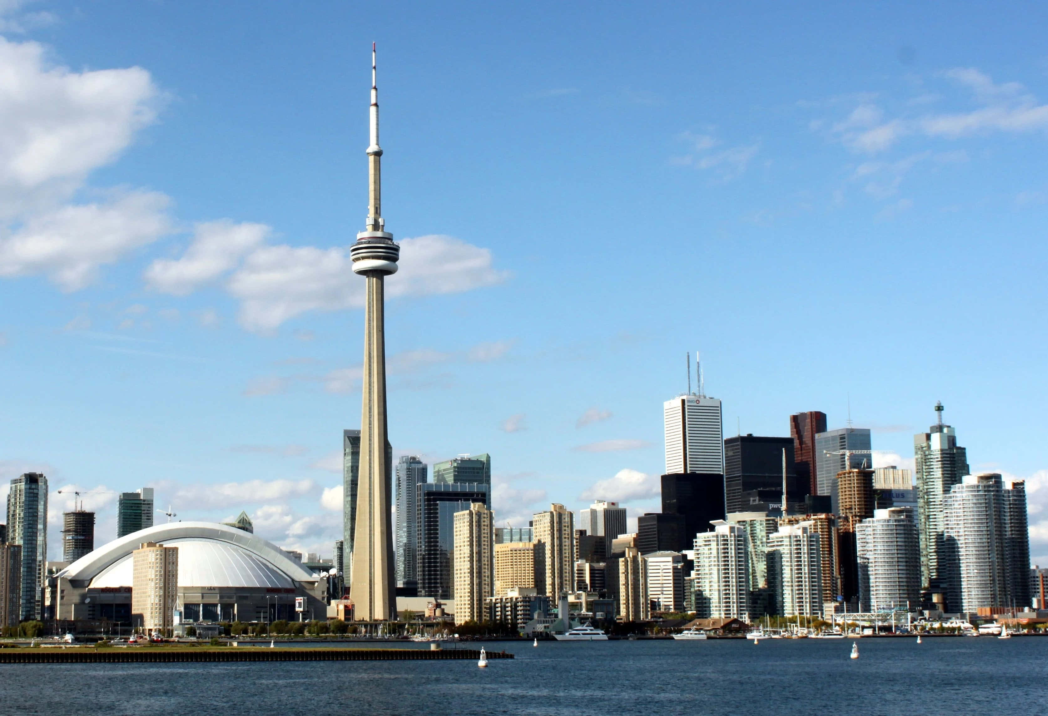 Toronto Skyline 桌布 壁紙 — 多倫多天際線，CN塔和現代摩天大樓倒映在平靜的水面上，天空湛藍。
