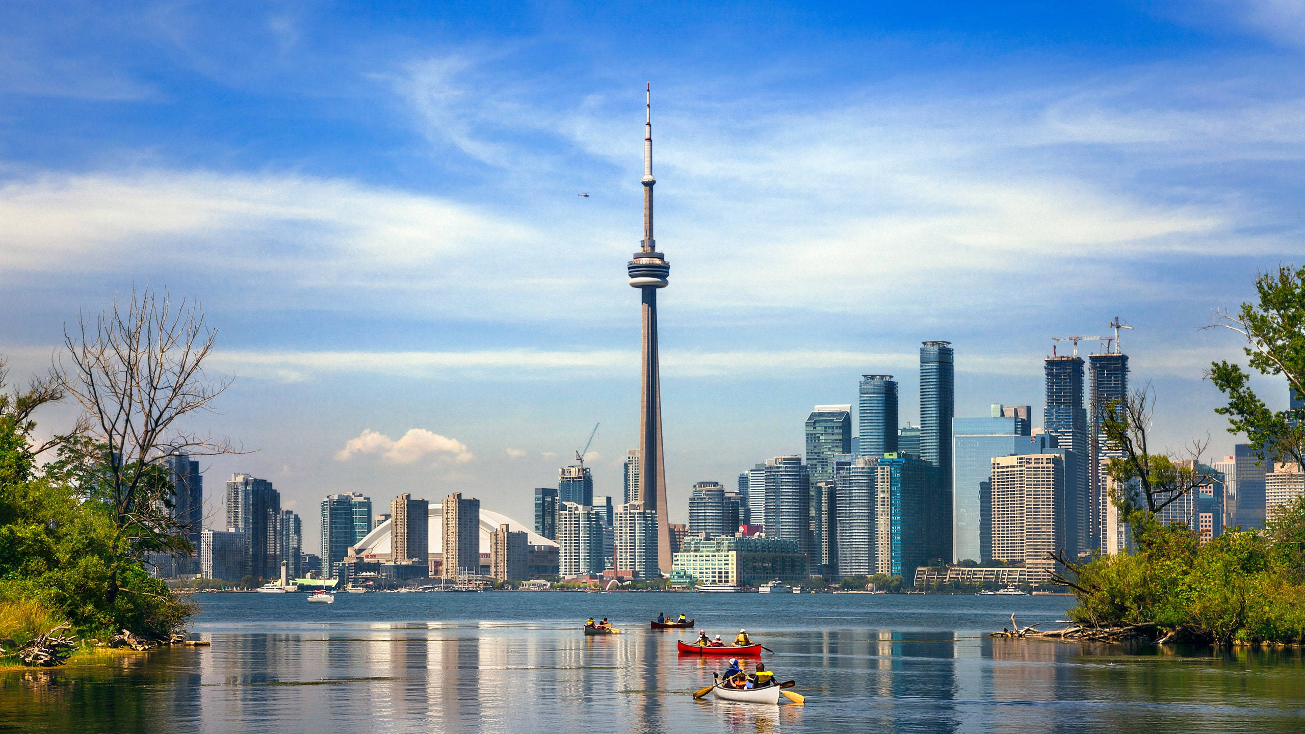 Canada 桌布 壁紙 — 多倫多天際線與CN塔聳立於現代玻璃摩天大樓之上，倒映在平靜的水面上，附近有皮划艇愛好者划槳。