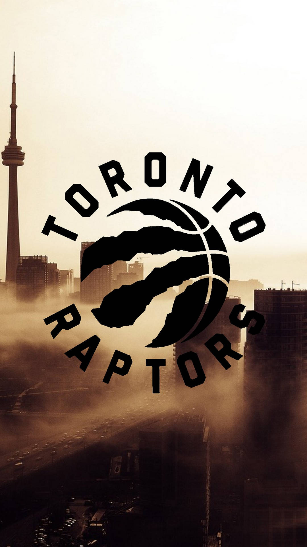 Raptors 桌布 壁紙 — 多倫多暴龍隊標誌主導了模糊的城市天際線，CN塔在霧氣瀰漫的建築物後可見。