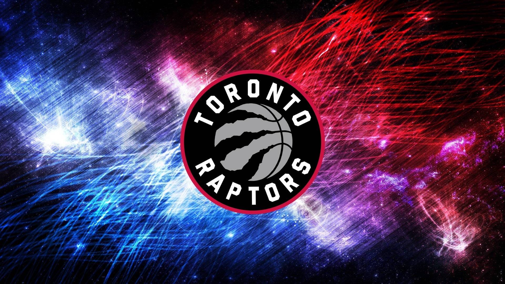 Raptors 桌布 壁紙 — 多倫多暴龍隊標誌居中，背景是充滿活力的宇宙背景，帶有電光藍和火紅色的能量條紋。