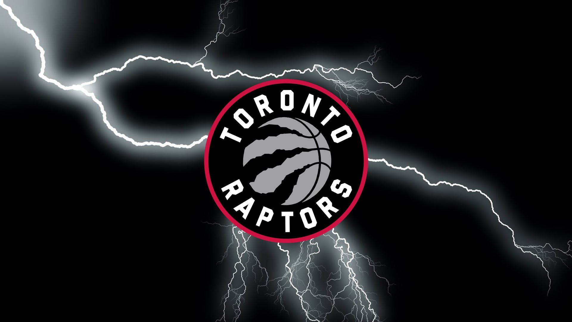 Raptors 桌布 壁紙 — 多倫多暴龍隊標誌居中放在黑色背景上，周圍有明亮的白色閃電裂開。