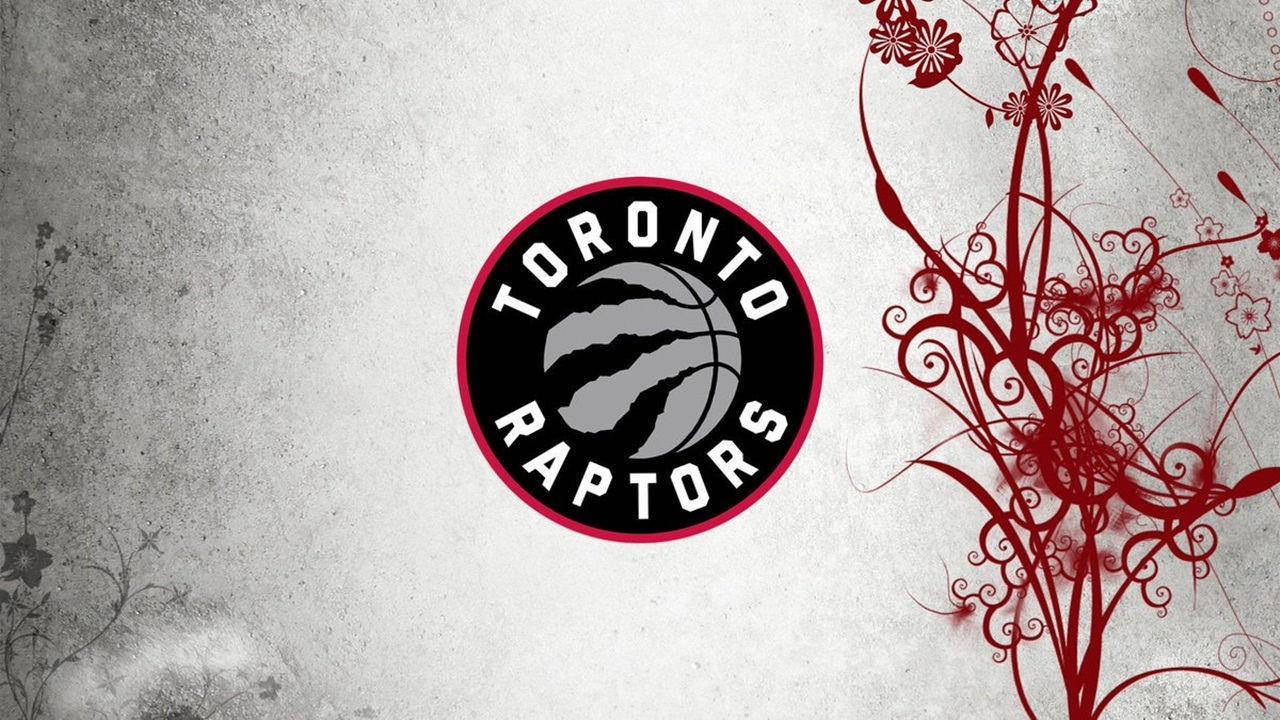 Raptors 桌布 壁紙 — 多倫多暴龍隊標誌居中於有紋理的灰色牆壁上，右側有紅色花卉漩渦。