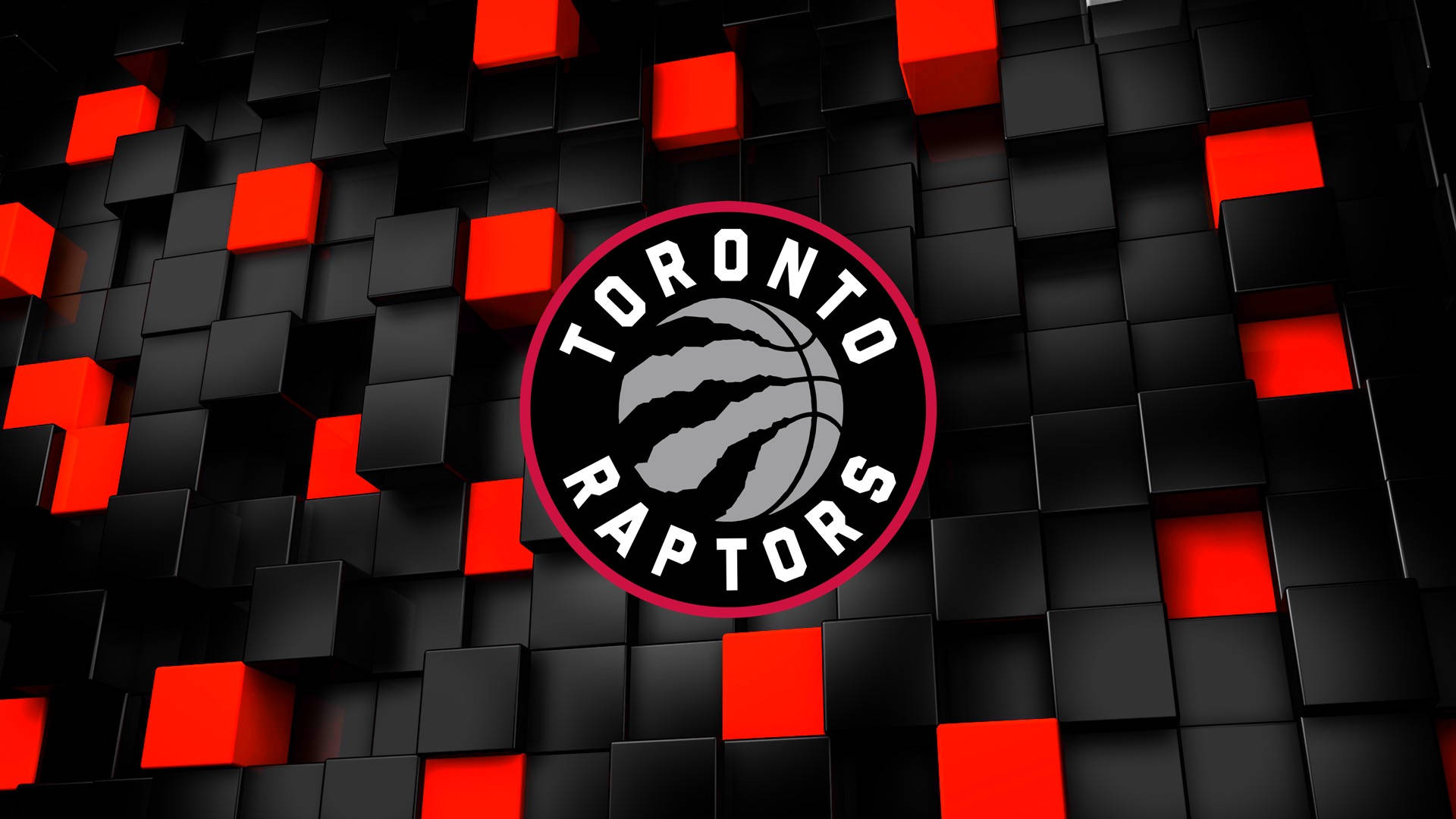 Raptors 桌布 壁紙 — 多倫多暴龍隊標誌居中於由黑色和紅色立方體組成的3D牆上，帶有發光的紅色 accents。